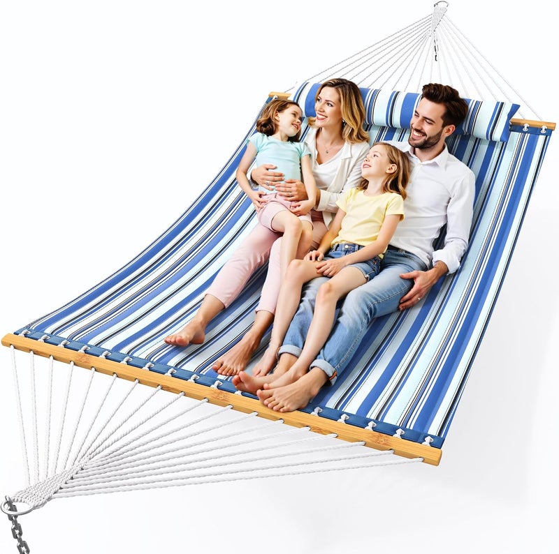 Everyfun Double Hammock with Spreader Bar,Soft Pillow,Max Load 500lbs,Portable Hammock for Outdoor,Camping,and Backyard,Blue - Image 1